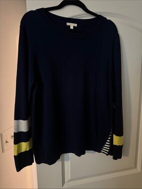 Lisa Todd Navy Crewneck Sweater with Gray and Yellow Sleeve Stripes